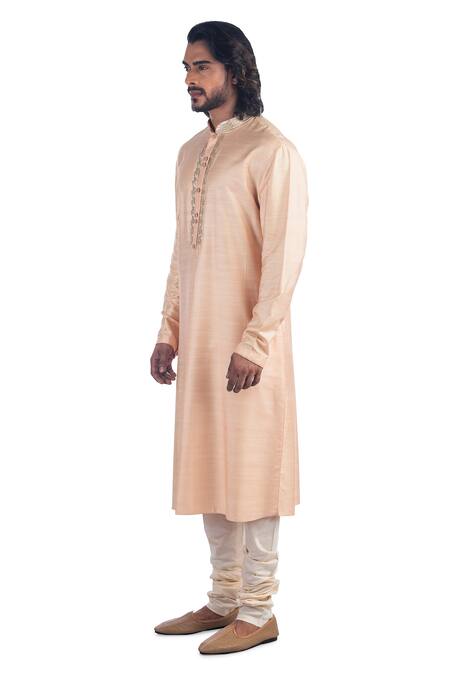 Buy_Poonam Kasera_Peach 50% Silk Plain Mandarin Collar Kurta Set_Online_at_Aza_Fashions