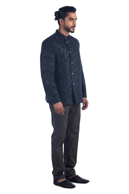 Poonam Kasera_Blue Cotton , 50% Cotton, 50% Floral Print Bandhgala Set_Online_at_Aza_Fashions