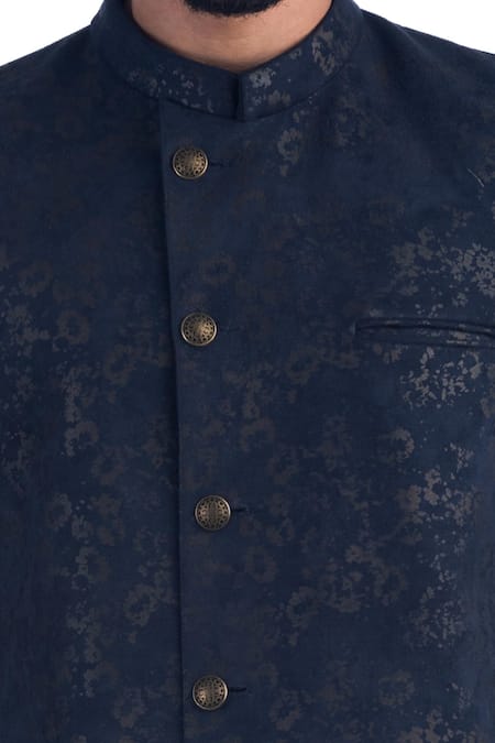 Shop_Poonam Kasera_Blue Cotton , 50% Cotton, 50% Floral Print Bandhgala Set_Online_at_Aza_Fashions