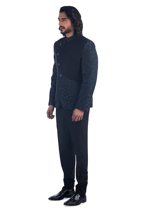 Buy_Poonam Kasera_Blue 50% Silk Textured Pattern Bandhgala Set_Online_at_Aza_Fashions