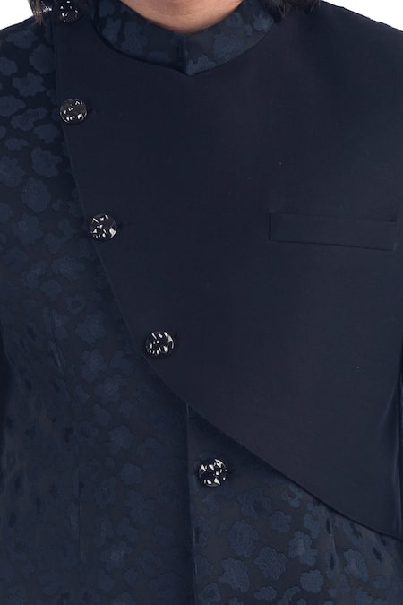 Shop_Poonam Kasera_Blue 50% Silk Textured Pattern Bandhgala Set_Online_at_Aza_Fashions