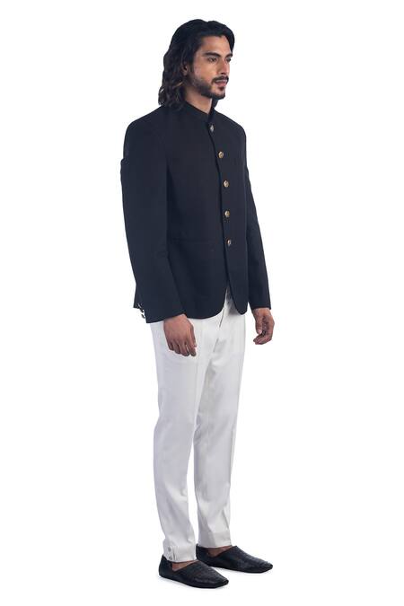 Poonam Kasera_Black 100% Silk Plain Bandhgala Set_Online_at_Aza_Fashions