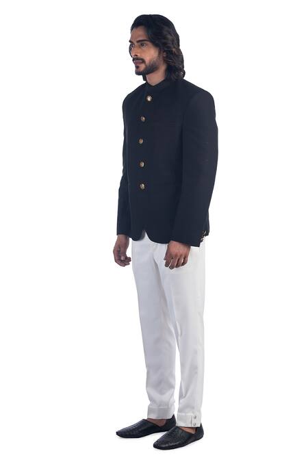 Buy_Poonam Kasera_Black 100% Silk Plain Bandhgala Set_Online_at_Aza_Fashions