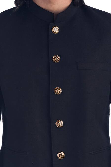 Shop_Poonam Kasera_Black 100% Silk Plain Bandhgala Set_Online_at_Aza_Fashions