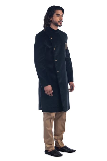 Poonam Kasera_Black 100% Silk Plain Velvet Bandhgala Set_Online_at_Aza_Fashions