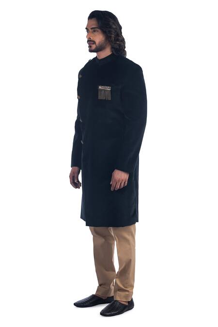 Buy_Poonam Kasera_Black 100% Silk Plain Velvet Bandhgala Set_Online_at_Aza_Fashions