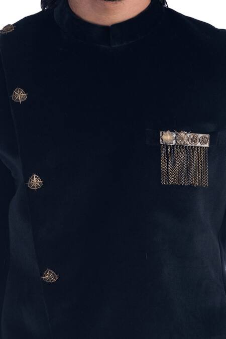 Shop_Poonam Kasera_Black 100% Silk Plain Velvet Bandhgala Set_Online_at_Aza_Fashions