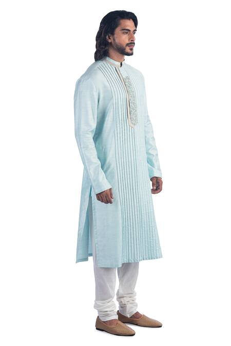 Poonam Kasera_Blue 50% Cotton, 50% Silk Floral Pintuck Kurta Set_Online_at_Aza_Fashions