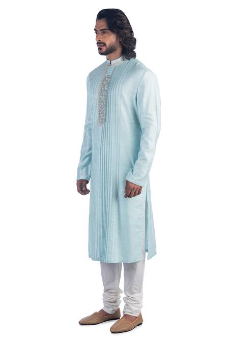 Buy_Poonam Kasera_Blue 50% Cotton, 50% Silk Floral Pintuck Kurta Set_Online_at_Aza_Fashions