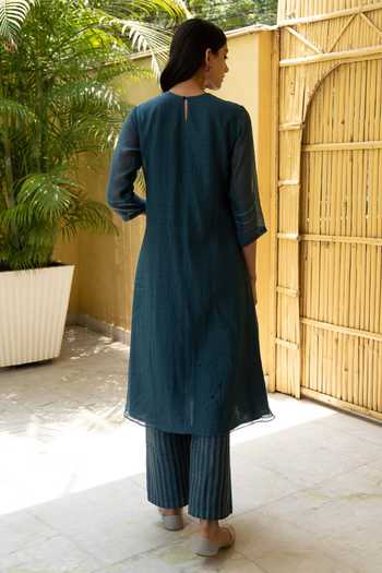 Shop Vaayu Blue Cotton Muslin Kantha Embroidery Round Kurta And Pant Set at Aza Fashions Shop_Vaayu_Blue Cotton Muslin Kantha Embroidery Round Kurta And Pant Set_at_Aza_Fashions