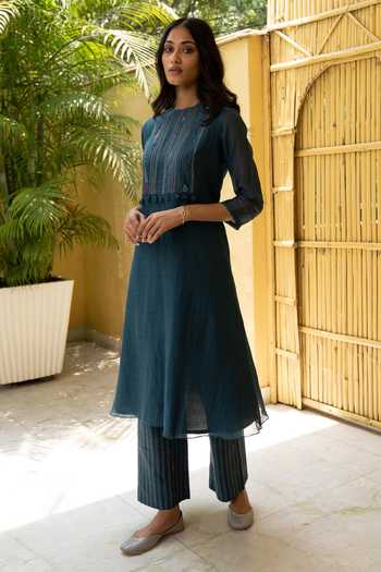 Vaayu Blue Cotton Muslin Kantha Embroidery Round Kurta And Pant Set Online at Aza Fashions Vaayu_Blue Cotton Muslin Kantha Embroidery Round Kurta And Pant Set_Online_at_Aza_Fashions
