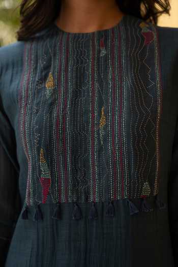 Vaayu Blue Cotton Muslin Kantha Embroidery Round Kurta And Pant Set at Aza Fashions Vaayu_Blue Cotton Muslin Kantha Embroidery Round Kurta And Pant Set_at_Aza_Fashions