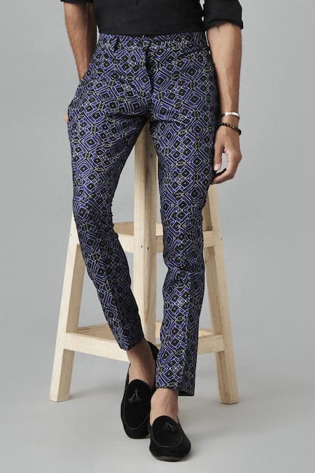 Shop Raghavendra Rathore Jodhpur Blue Silk Geometric Print Breeches at Aza Fashions Shop_Raghavendra Rathore Jodhpur_Blue Silk Geometric Print Breeches _at_Aza_Fashions