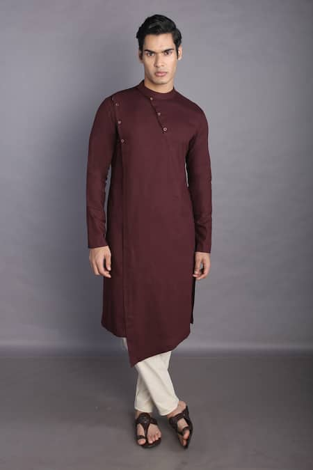 GRAM OF INK Red Kurta Cotton Flex Plain Asymmetric Set 