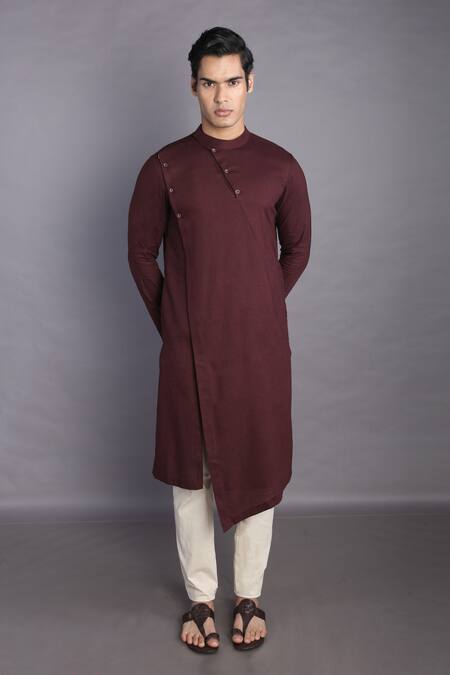 GRAM OF INK_Red Kurta Cotton Flex Plain Asymmetric Set _Online_at_Aza_Fashions