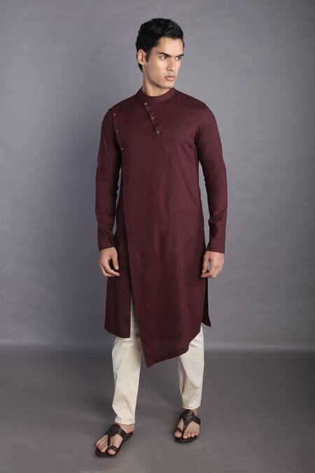 Shop_GRAM OF INK_Red Kurta Cotton Flex Plain Asymmetric Set _Online_at_Aza_Fashions
