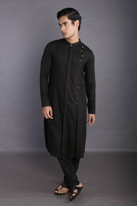 Gram Of Ink_Black Kurta Flex Bottoms Lycra Plain Double Button Set _Online_at_Aza_Fashions