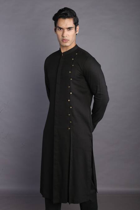 Buy_Gram Of Ink_Black Kurta Flex Bottoms Lycra Plain Double Button Set _Online_at_Aza_Fashions