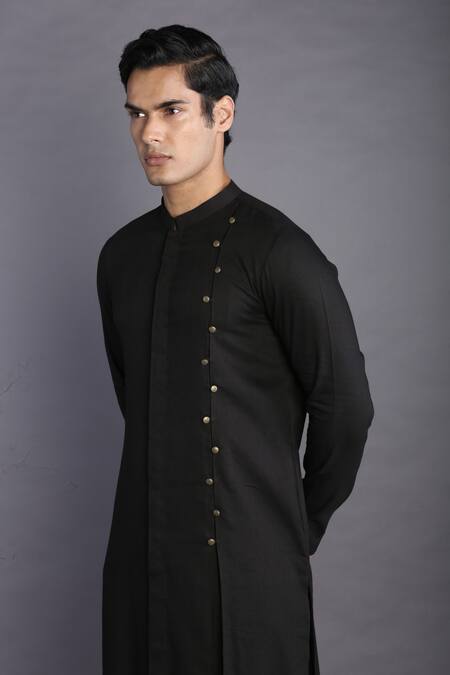 Shop_Gram Of Ink_Black Kurta Flex Bottoms Lycra Plain Double Button Set _Online_at_Aza_Fashions