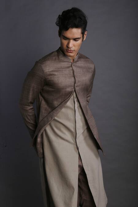 Gram Of Ink_Brown Kurta Flex Bottoms Lycra Plain Layered Set _Online_at_Aza_Fashions