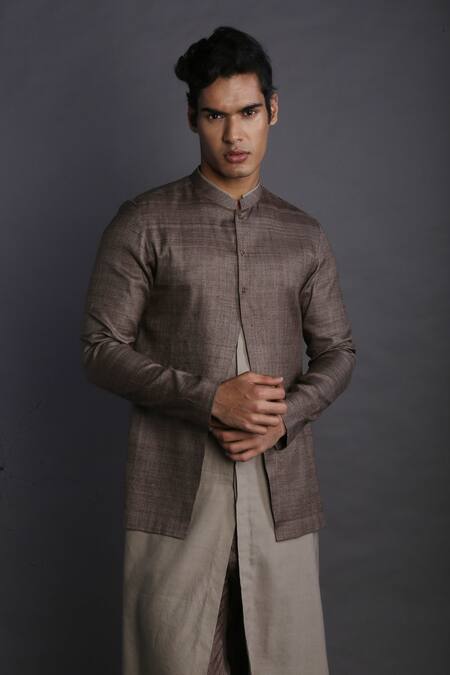 Buy_Gram Of Ink_Brown Kurta Flex Bottoms Lycra Plain Layered Set _Online_at_Aza_Fashions