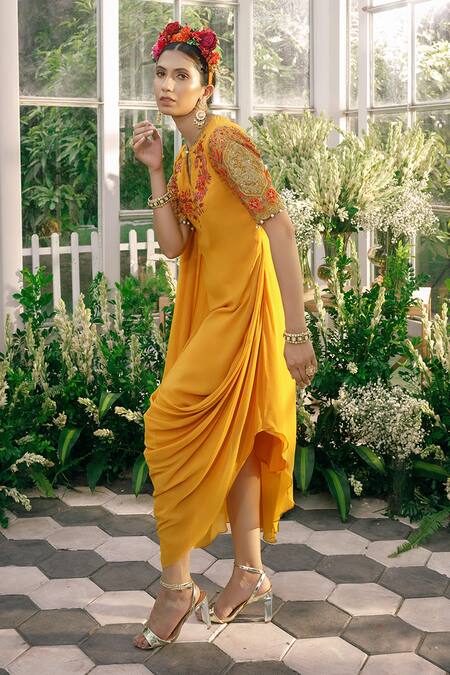 Adi By Aditya Khandelwl Yellow Organza, Georgette Dori, Floral, Sequin, Dabka, Embroidered Draped Tunic Online at Aza Fashions Adi By Aditya Khandelwl_Yellow Organza, Georgette Dori, Floral, Sequin, Dabka, Embroidered Draped Tunic _Online_at_Aza_Fashions