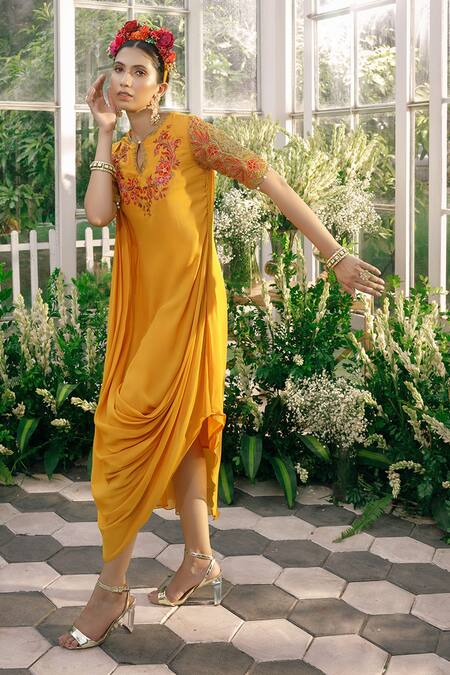 Buy Adi By Aditya Khandelwl Yellow Organza, Georgette Dori, Floral, Sequin, Dabka, Embroidered Draped Tunic Online at Aza Fashions Buy_Adi By Aditya Khandelwl_Yellow Organza, Georgette Dori, Floral, Sequin, Dabka, Embroidered Draped Tunic _Online_at_Aza_Fashions
