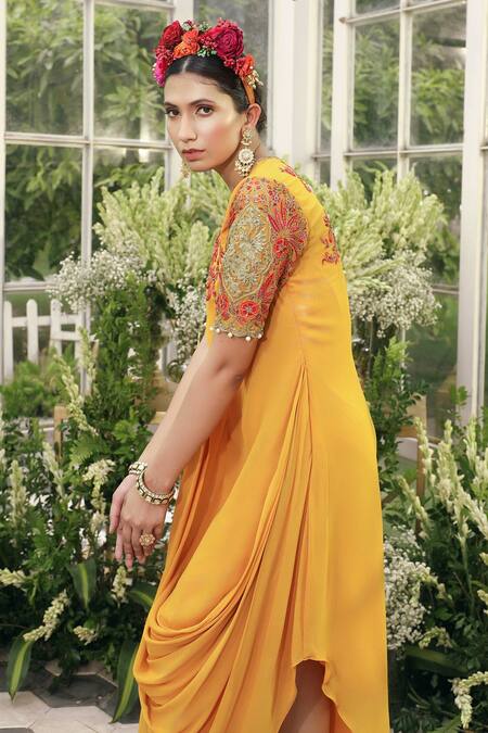 Shop Adi By Aditya Khandelwl Yellow Organza, Georgette Dori, Floral, Sequin, Dabka, Embroidered Draped Tunic Online at Aza Fashions Shop_Adi By Aditya Khandelwl_Yellow Organza, Georgette Dori, Floral, Sequin, Dabka, Embroidered Draped Tunic _Online_at_Aza_Fashions