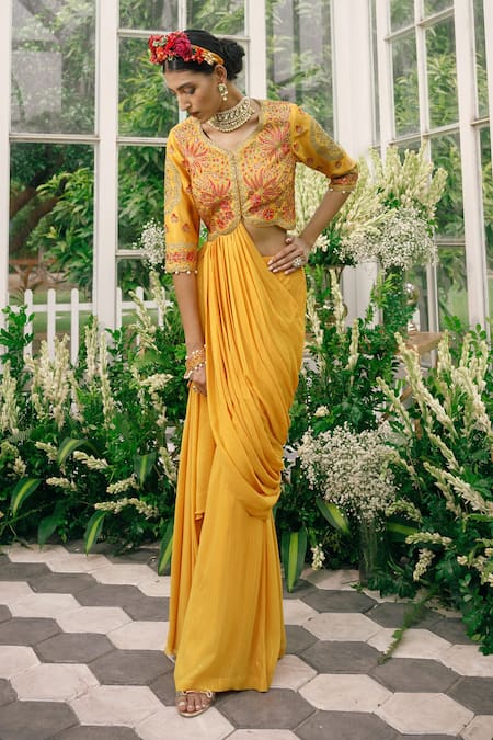 Shop Adi By Aditya Khandelwl Yellow Silk, Georgette Dori, Floral, Sequin, Dabka, Draped Blouse And Palazzo Set at Aza Fashions Shop_Adi By Aditya Khandelwl_Yellow Silk, Georgette Dori, Floral, Sequin, Dabka, Draped Blouse And Palazzo Set _at_Aza_Fashions