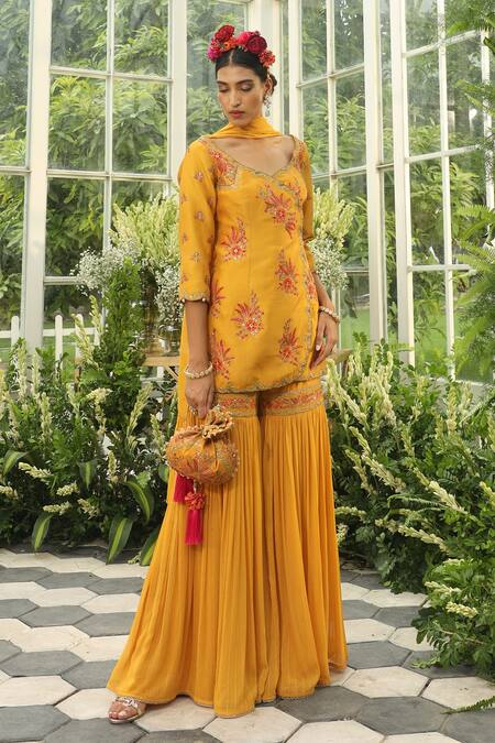 Adi By Aditya Khandelwl_Yellow Silk, Georgette Dori, Floral, Sequin, Embroidered Kurta Sharara Set _Online_at_Aza_Fashions