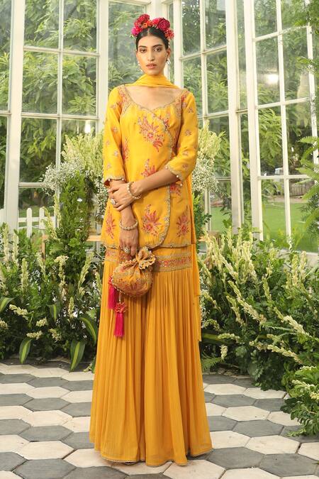Buy_Adi By Aditya Khandelwl_Yellow Silk, Georgette Dori, Floral, Sequin, Embroidered Kurta Sharara Set _Online_at_Aza_Fashions