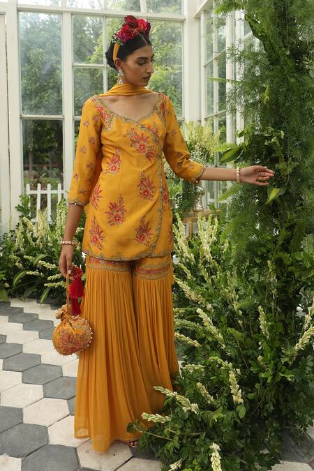 Shop_Adi By Aditya Khandelwl_Yellow Silk, Georgette Dori, Floral, Sequin, Embroidered Kurta Sharara Set _Online_at_Aza_Fashions