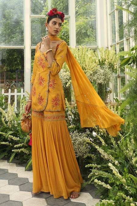 Adi By Aditya Khandelwl_Yellow Silk, Georgette Dori, Floral, Sequin, Embroidered Kurta Sharara Set _at_Aza_Fashions