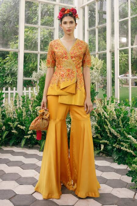 Shop Adi By Aditya Khandelwl Yellow Silk, Irish Satin Dori, Floral, Sequin, Embroidered Top And Palazzo Set at Aza Fashions Shop_Adi By Aditya Khandelwl_Yellow Silk, Irish Satin Dori, Floral, Sequin, Embroidered Top And Palazzo Set _at_Aza_Fashions