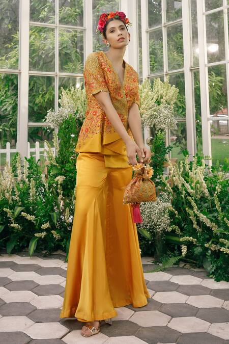 Adi By Aditya Khandelwl Yellow Silk, Irish Satin Dori, Floral, Sequin, Embroidered Top And Palazzo Set Online at Aza Fashions Adi By Aditya Khandelwl_Yellow Silk, Irish Satin Dori, Floral, Sequin, Embroidered Top And Palazzo Set _Online_at_Aza_Fashions