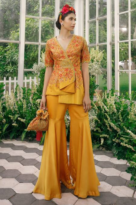 Buy Adi By Aditya Khandelwl Yellow Silk, Irish Satin Dori, Floral, Sequin, Embroidered Top And Palazzo Set Online at Aza Fashions Buy_Adi By Aditya Khandelwl_Yellow Silk, Irish Satin Dori, Floral, Sequin, Embroidered Top And Palazzo Set _Online_at_Aza_Fashions