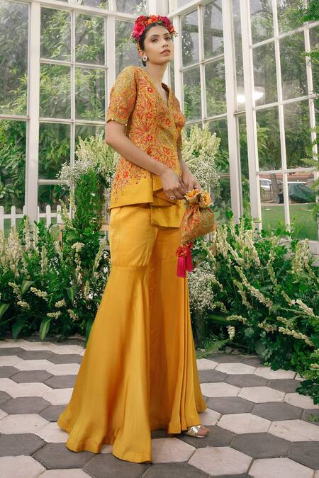 Shop Adi By Aditya Khandelwl Yellow Silk, Irish Satin Dori, Floral, Sequin, Embroidered Top And Palazzo Set Online at Aza Fashions Shop_Adi By Aditya Khandelwl_Yellow Silk, Irish Satin Dori, Floral, Sequin, Embroidered Top And Palazzo Set _Online_at_Aza_Fashions