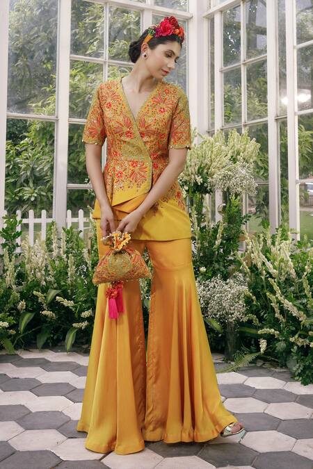 Adi By Aditya Khandelwl Yellow Silk, Irish Satin Dori, Floral, Sequin, Embroidered Top And Palazzo Set at Aza Fashions Adi By Aditya Khandelwl_Yellow Silk, Irish Satin Dori, Floral, Sequin, Embroidered Top And Palazzo Set _at_Aza_Fashions