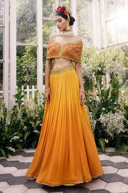 Buy_Adi By Aditya Khandelwl_Yellow Silk, Georgette Dori, Floral, Pleated Skirt With Embroidered Blouse _Online_at_Aza_Fashions