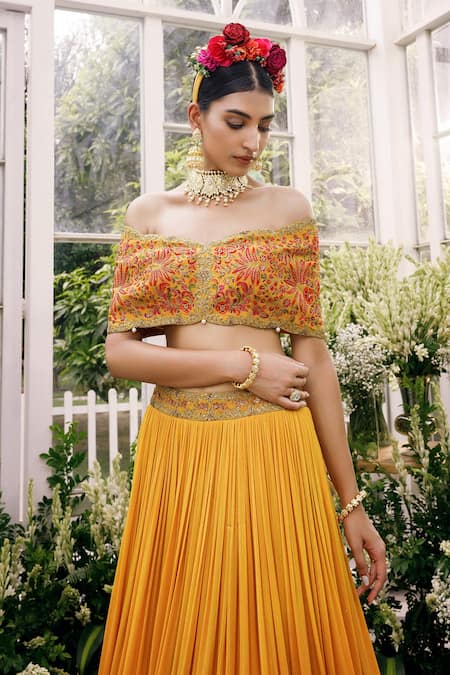 Shop_Adi By Aditya Khandelwl_Yellow Silk, Georgette Dori, Floral, Pleated Skirt With Embroidered Blouse _Online_at_Aza_Fashions