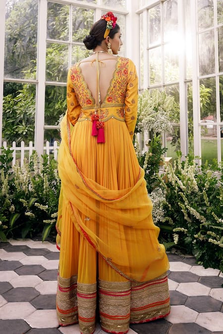 Shop_Adi By Aditya Khandelwl_Yellow Silk, Organza Dori, Floral, Sequin, Embroidered Anarkali With Dupatta _at_Aza_Fashions