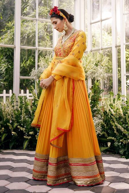 Buy_Adi By Aditya Khandelwl_Yellow Silk, Organza Dori, Floral, Sequin, Embroidered Anarkali With Dupatta _Online_at_Aza_Fashions