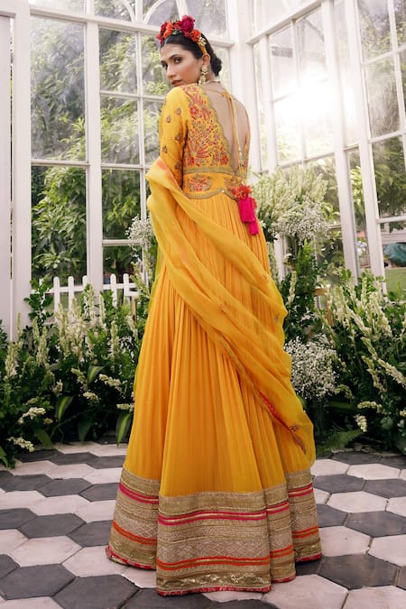 Shop_Adi By Aditya Khandelwl_Yellow Silk, Organza Dori, Floral, Sequin, Embroidered Anarkali With Dupatta _Online_at_Aza_Fashions
