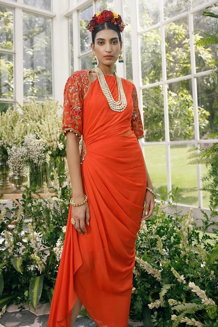 Shop_Adi By Aditya Khandelwl_Orange Georgette Floral, Sequin, Dabka, Zari Sleeve Embroidered Draped Tunic_Online_at_Aza_Fashions