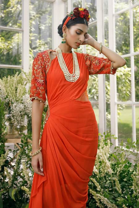 Adi By Aditya Khandelwl_Orange Georgette Floral, Sequin, Dabka, Zari Sleeve Embroidered Draped Tunic_at_Aza_Fashions