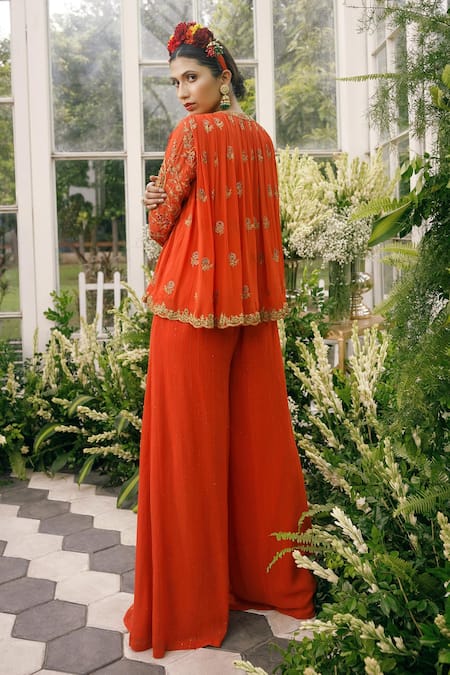Shop Adi By Aditya Khandelwl Orange Georgette Dori, Floral, Sequin, Zari Round Embroidered Top And Palazzo Set at Aza Fashions Shop_Adi By Aditya Khandelwl_Orange Georgette Dori, Floral, Sequin, Zari Round Embroidered Top And Palazzo Set _at_Aza_Fashions