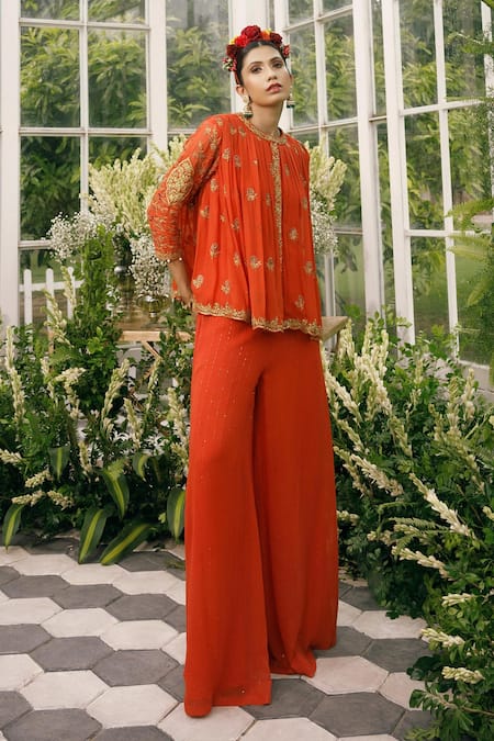 Adi By Aditya Khandelwl Orange Georgette Dori, Floral, Sequin, Zari Round Embroidered Top And Palazzo Set Online at Aza Fashions Adi By Aditya Khandelwl_Orange Georgette Dori, Floral, Sequin, Zari Round Embroidered Top And Palazzo Set _Online_at_Aza_Fashions