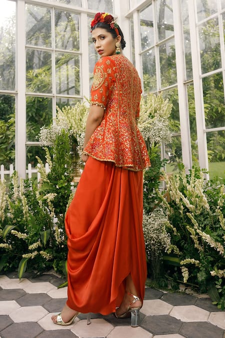 Shop_Adi By Aditya Khandelwl_Orange Silk, Irish Satin Dori, Floral, Embroidered Jacket And Draped Skirt Set _at_Aza_Fashions