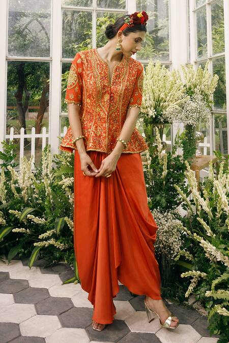 Buy_Adi By Aditya Khandelwl_Orange Silk, Irish Satin Dori, Floral, Embroidered Jacket And Draped Skirt Set _Online_at_Aza_Fashions