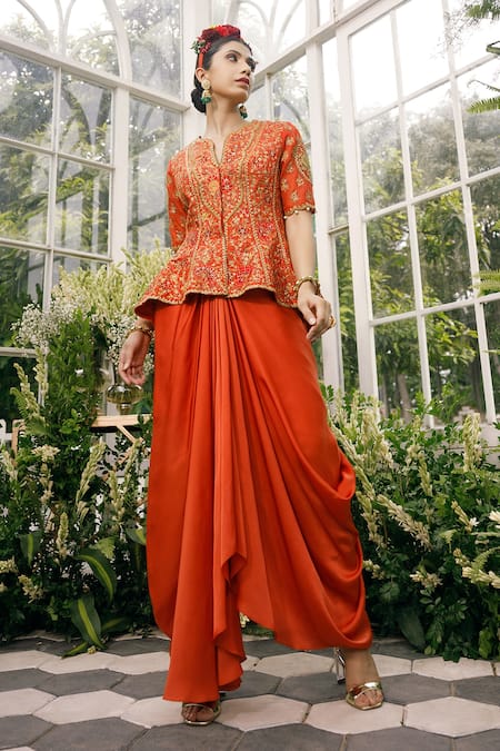 Shop_Adi By Aditya Khandelwl_Orange Silk, Irish Satin Dori, Floral, Embroidered Jacket And Draped Skirt Set _Online_at_Aza_Fashions